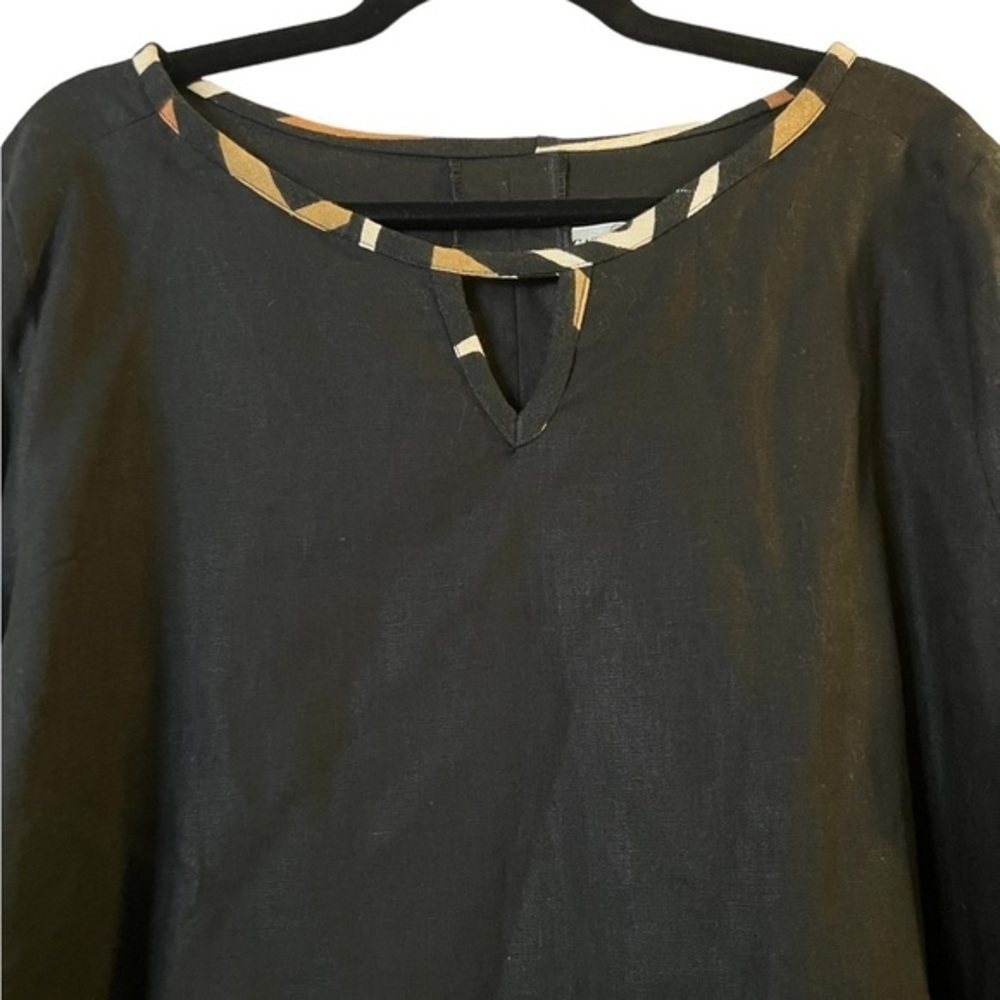 CATH’S DESIGN GHANA black linen African mudcloth trimmed long sleeve top